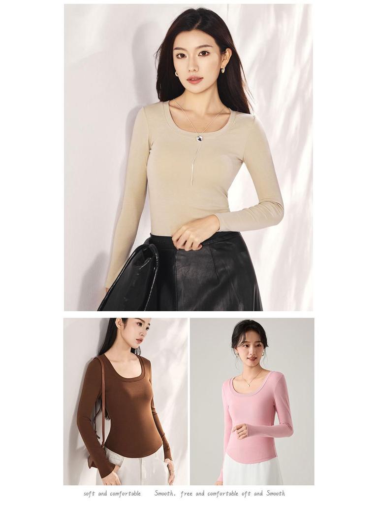 Women's Tencel Bamboo Fiber Long Sleeve Base Shirt with Chest Pad - Autumn/Winter Slimming Top