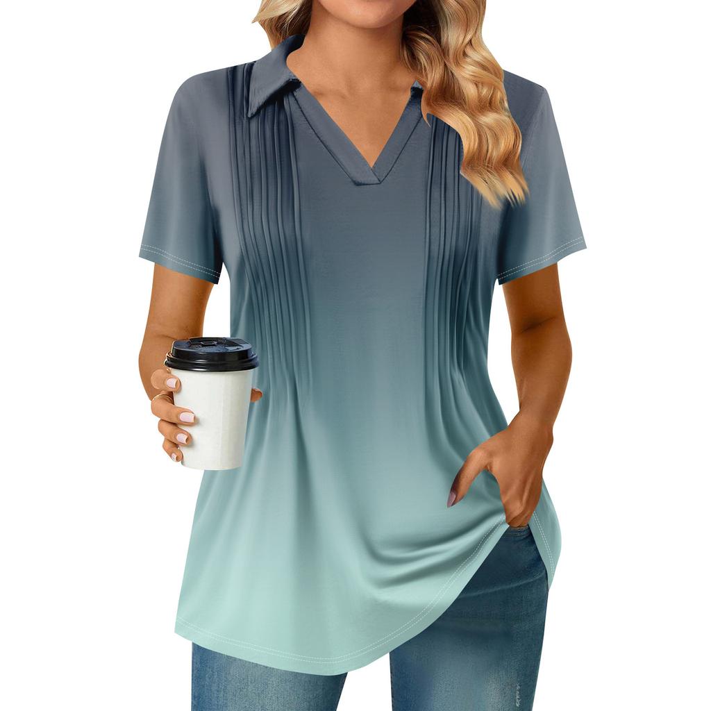 Womens Short Sleeve T Shirts Pleated V Neck Printing Tee Collared Summer Tops Fashion Business Casual Work