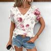 Summer V-neck 3D Printed Flower Pattern Top Fashionable Casual Fresh and Elegant Style Short Sleeved Women's T-shirts
