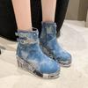 Thick Soled Boots Women Spring and Autumn 2024 New Denim Women's Boots Low Rise Casual Increase Height Shoes Female Mid-Calf