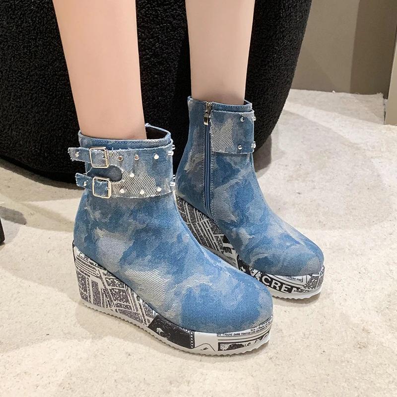 Thick Soled Boots Women Spring and Autumn 2024 New Denim Women's Boots Low Rise Casual Increase Height Shoes Female Mid-Calf