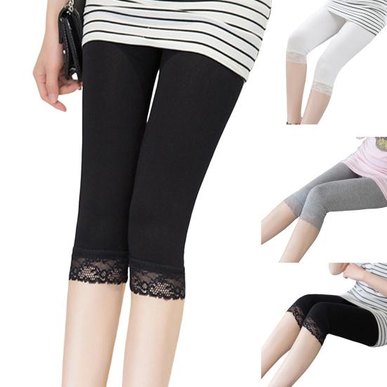 Women Yoga Pants Lace Trim Solid Color High Waisted Cropped Pants Elastic Breathable Leggings Sports Fitness Gym Leggings