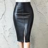 Women Skirt High Waist Sheath Slim Fit Skinny Faux Leather Split Hem Knee Length Solid Color Smooth Zipper Closure OL Commute Lady Midi Skirt