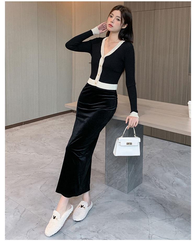 2025 Stylish Gold Velvet High-Waist Midi Skirt for Women - Black, Autumn/Winter, Sexy Long Slit
