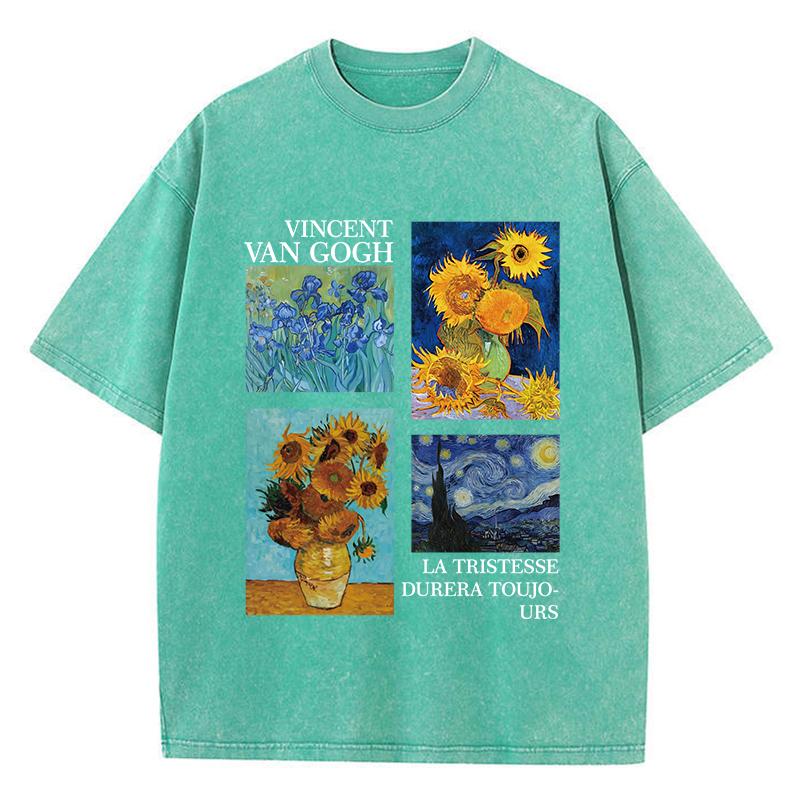 Cotton Women Acid Wash T-Shirts Van Gogh La Tristesse Durera Toujours Prints Tees Oversize O-Neck Distressed Tops