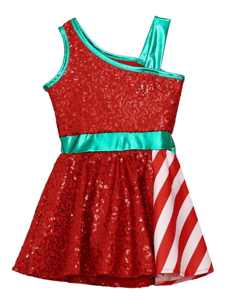 Girls Christmas Shiny Sequin Sleeveless Dress Ballet Dance Leotard Dress Christmas Party Performance Costume