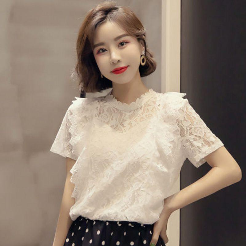Lace Shirt Women's Summer Korean Version Fairy Style Short Sleeved Hollow Out Small Shirt Temperament Chiffon Top