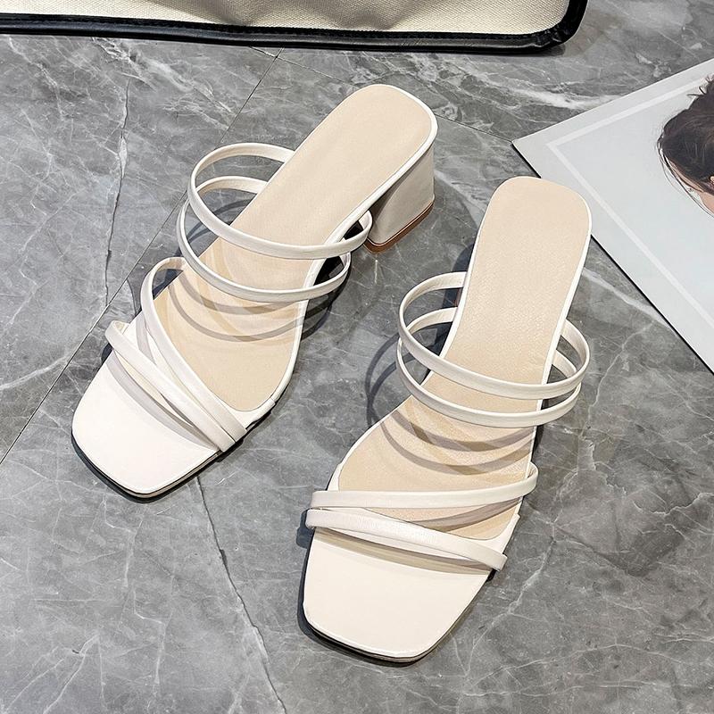 Women Sandals Ladies Square Heels Elegant Summer Slippers Outside Cross Tied Leather Female Slides Fashion Woman Sandals
