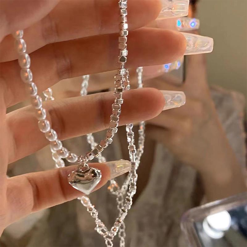 Silver Beaded Love Necklace For Women'S Girls Light Luxury Style Clavicle Chain Jewelry