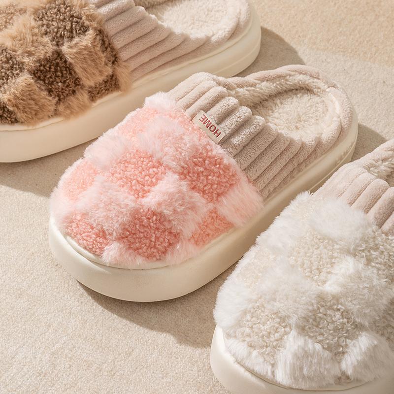 Couple Winter Toe Wrap Warm Plaid Cotton Slippers Thick Soft Sole Slides Men Women Indoor Floor Flat Home Non-slip Shoes