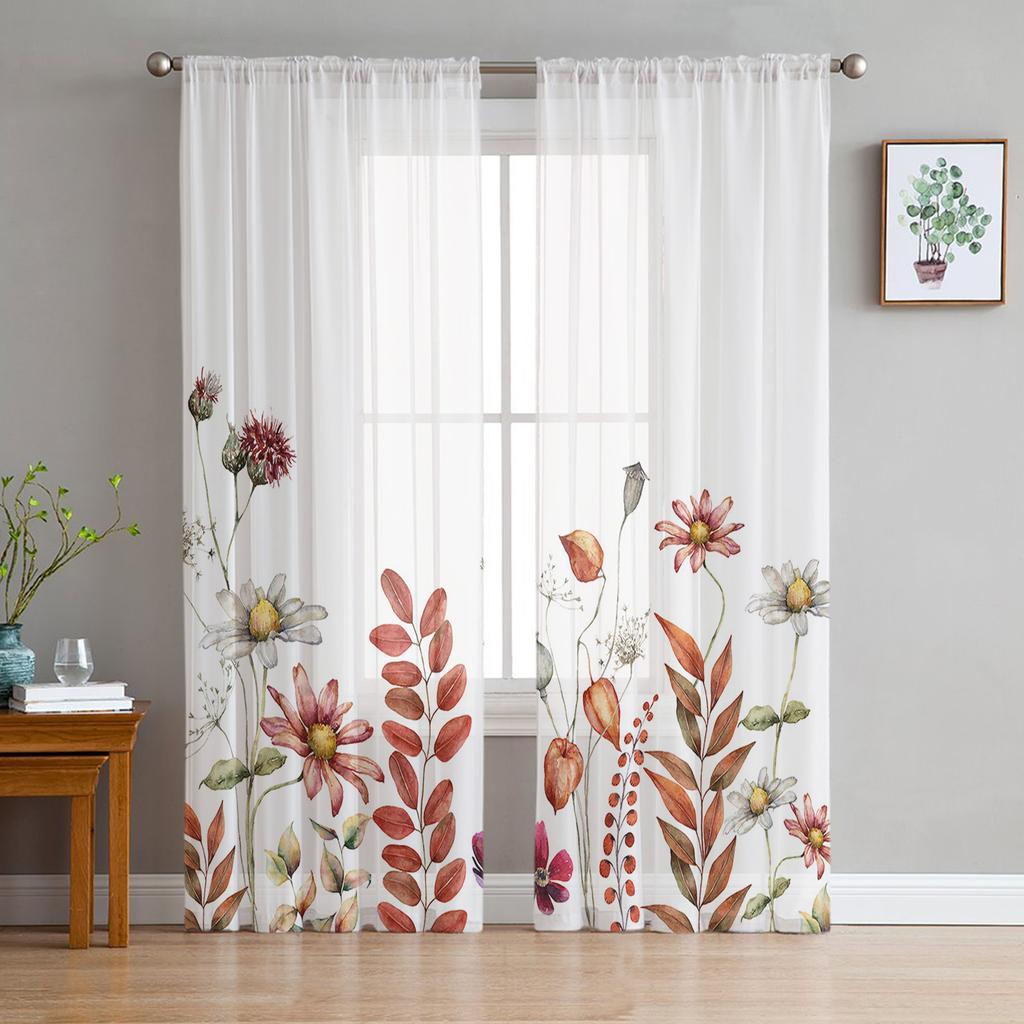 Thanksgiving Autumn Wild Flowers Voile Curtains For Bedroom Tulle Window Curtain For Living Room Sheer Curtains Blinds Drapes