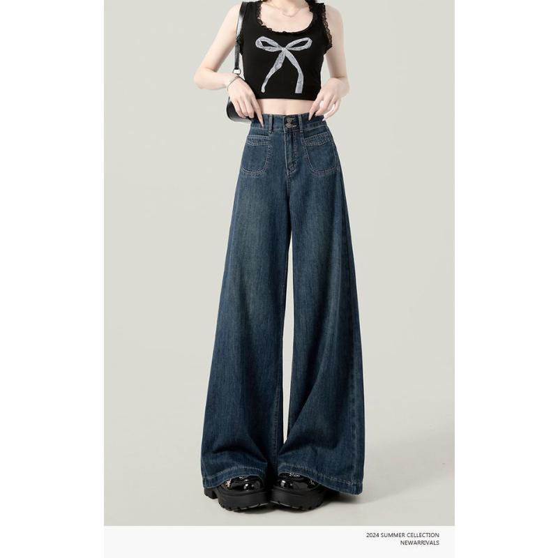 2025 Dark Blue High Waist Wide Leg Jeans Women's Summer Versatile Slimming Fall Clothes Loose Straight Pants Spring and Autumn