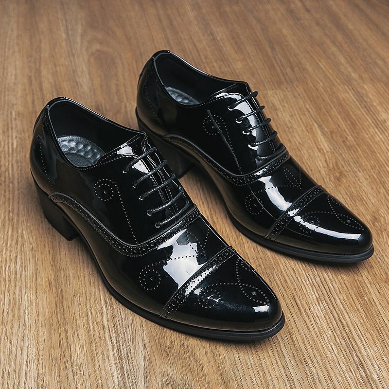 New Dress Leather Shoes Men High Heel 6cm Pointed Toe Brogue Wedding Shoes Height Increase Formal Career Work Jazz Dance Shoes