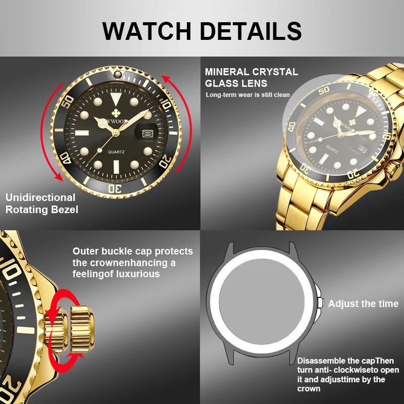 WWOOR Luxury Watches for Men Fashion Quartz Business Wristwatch Waterproof Green Water Ghost Watch Mens Watch
