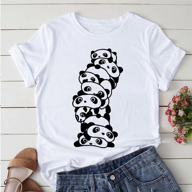 Aesthetics Cute Panda Print Women Basic Tees Cartoon Top O-Neck Simple Tee Short Sleeve T-Shirt Ladies Tees Graphic White Tshirt