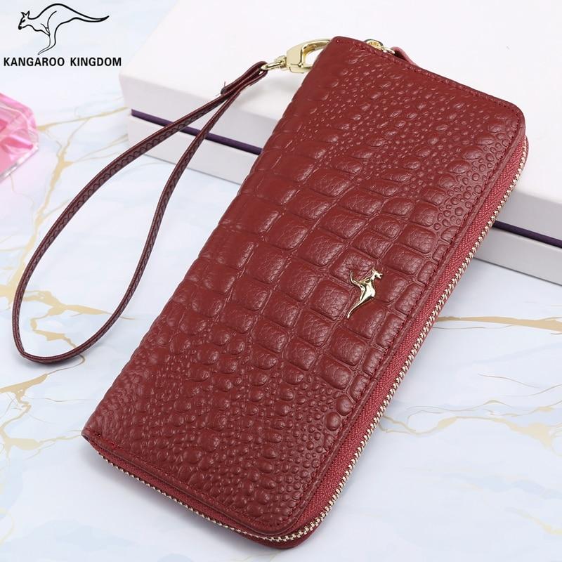 KANGAROO KINGDOM Fashion Women Wallet Genuine Leather Long Zipper Clutch Purse Card Holder Phone Wallet Brand