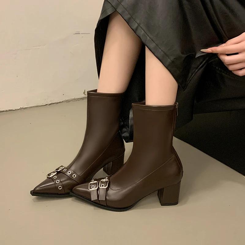 High Heeled Ankle Women's Boots 2024 New Pointed Velvet Sexy Women's Shoes Zipper Classic Japanese Boots Women's Boots Botas