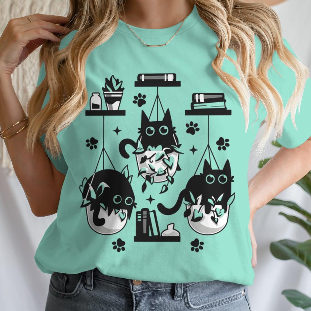 Women T-shirts New Ladies Casual Female Clothes Tops Black Cat Books Print Ladies Tees Tshirt Cartoon Graphic T-Shirt Clothing