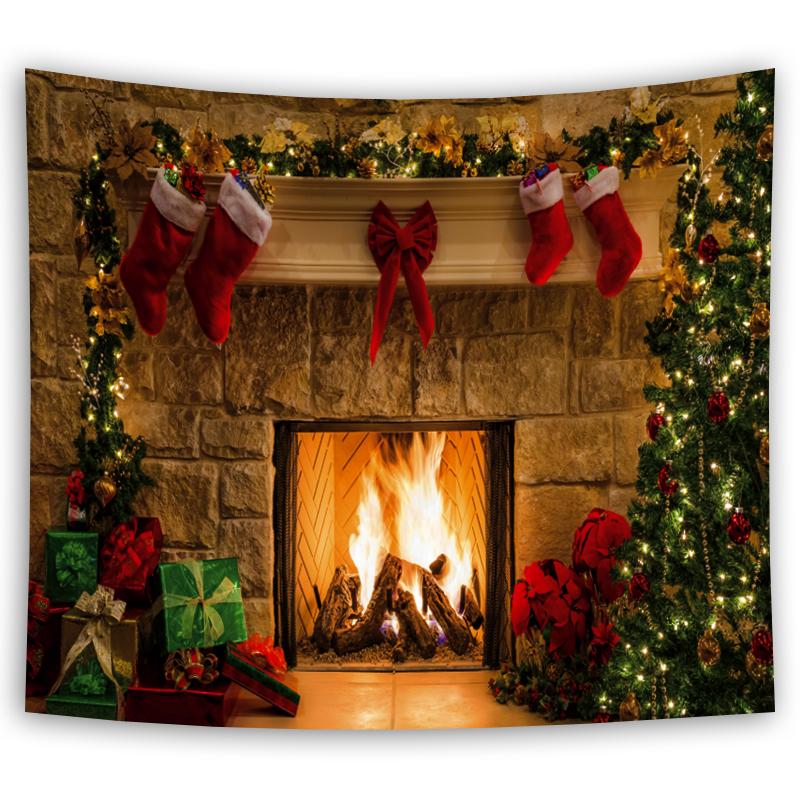 Christmas Tapestry Snowflake Santa Claus Winter Night Hanging Cloth Fireplace Home Christmas Home Wall