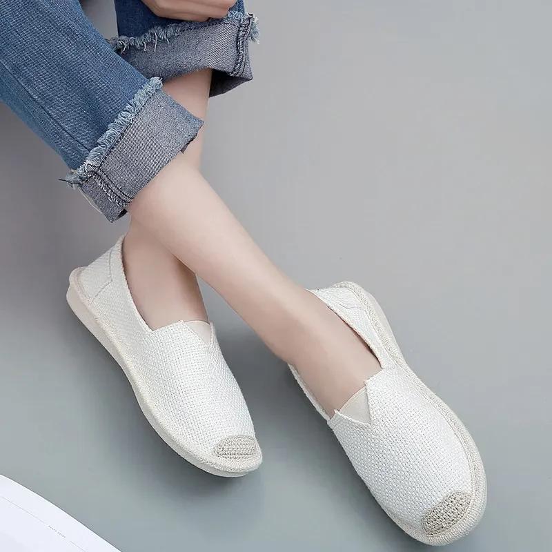Summer Linen Flat Shoes Women Lightweight Breathable Fisherman Shoes Ladies Soft Casual Shoes Slip On Lazy Loafers 2024