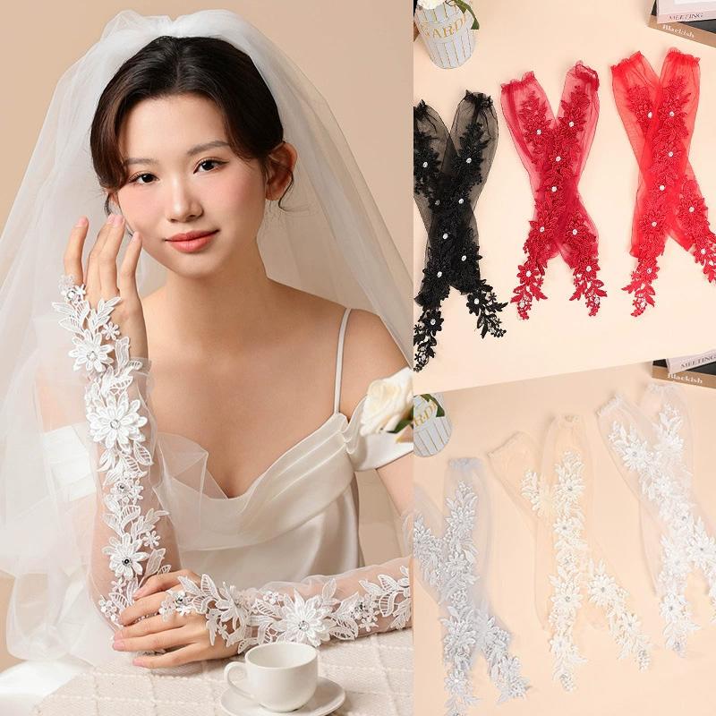 1 Pair Fingerless Gloves Hollow Out Patchwork Soft Breathable Bridal Gown Mittens Lace Embroidery