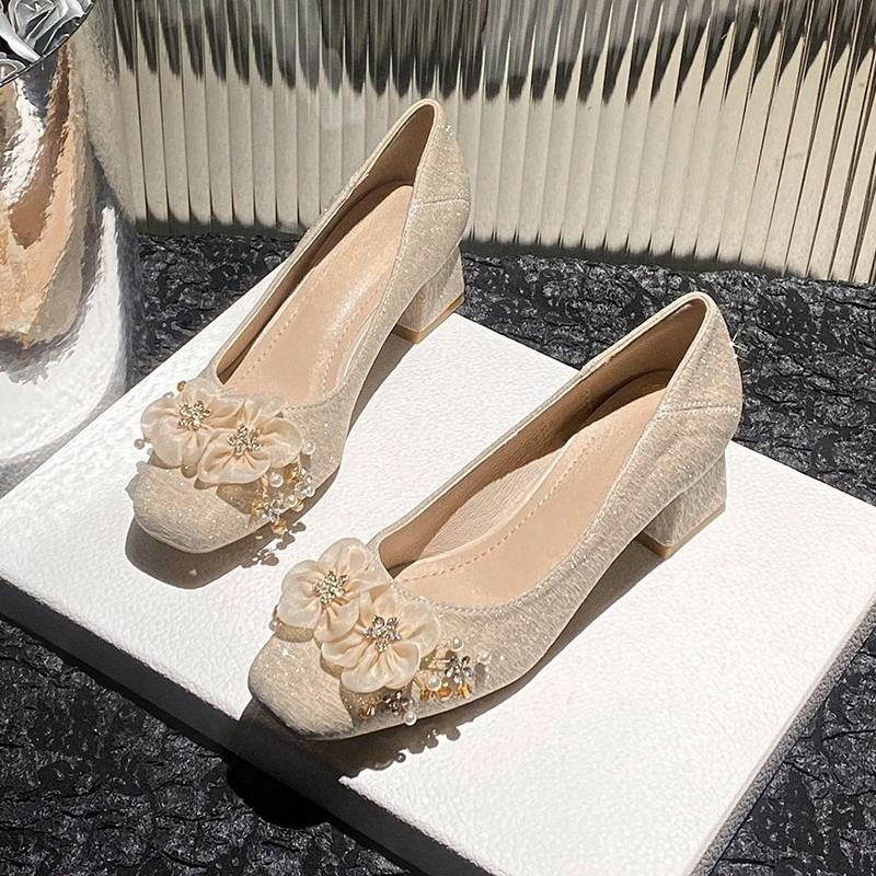 Fashion Fashion Flower High-heeled Single Shoes Autumn New Square Toe Shallow Cuff Foot Non-slip Wear-resistant Block Heel Shoes