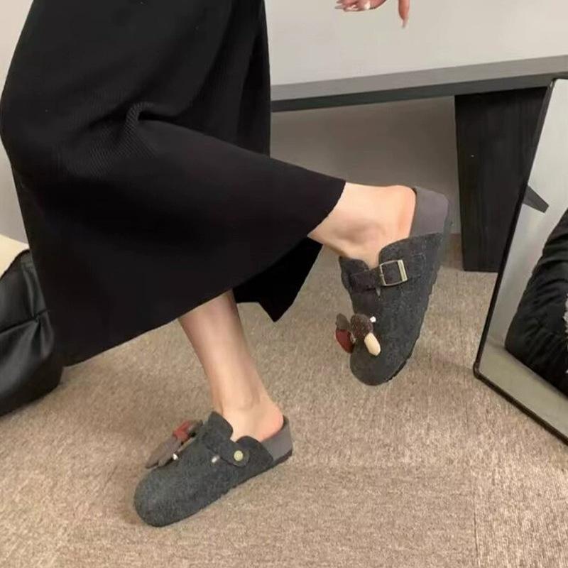 Leather Black Bullet Hole Boken Shoes Women's Autumn and Winter 2025 New Models Can Wear Lazy Bag Head Slippers Versatile Casual Shoes