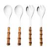 2/4Pcs Long Handle Serving Spoon Fork Bamboo Wooden Handle Salad Spork Kitchen Stainless Steel Tableware Cutlery Silverware Set