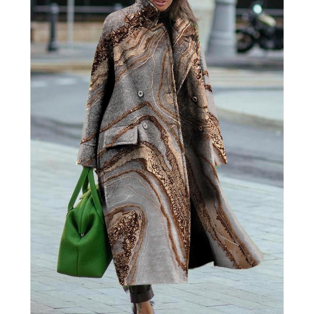 Women's Fashion Printed Pocket Long Sleeve Lapel Woolen Long Overcoat Coat