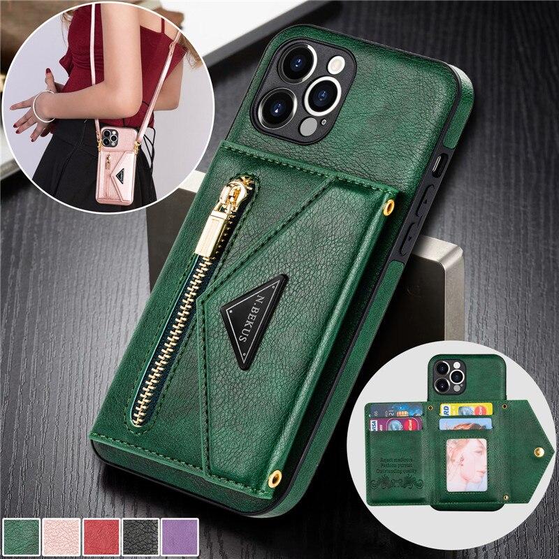 Lanyard Zipper Wallet Phone Case For iPhone 17 Pro Max 16 Plus 15 14 13 12 11 X XS XR 8 Samsung S25 Ultra S24 FE S22 S21 S20 Leather Purse Card Cover