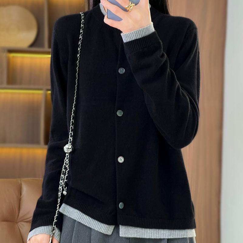IHUASU Patchwork Wool Knitted Cardigan Women's Spring and Autumn Simple Versatile Bottoming Shirt Jumper Coat