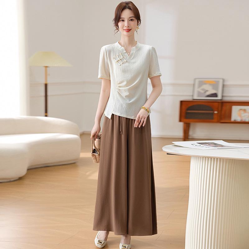 Chinese Style Summer Set: Short-Sleeved Blouse & Wide-Leg Pants for Middle-Aged Women