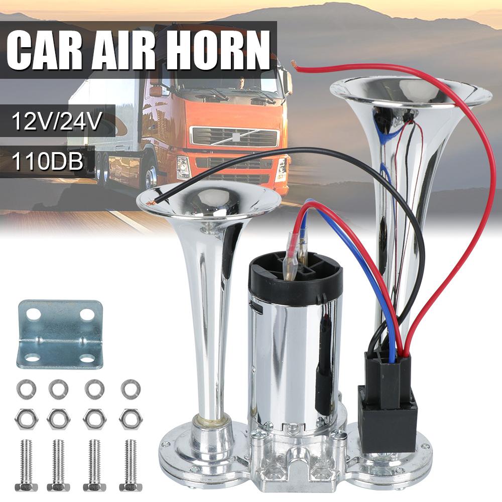 Car Air Horn Set Electric Speaker For Motorcycle Boat Truck Dual Trumpets Super Loud 12V/24V 110dB with Wires and Relay Hooter