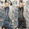 RogueWave High Quality American Vintage Clothes Raw Edge Design Flared Jeans for Women Patchwork Low-rise Washed Denim Y2k Pants