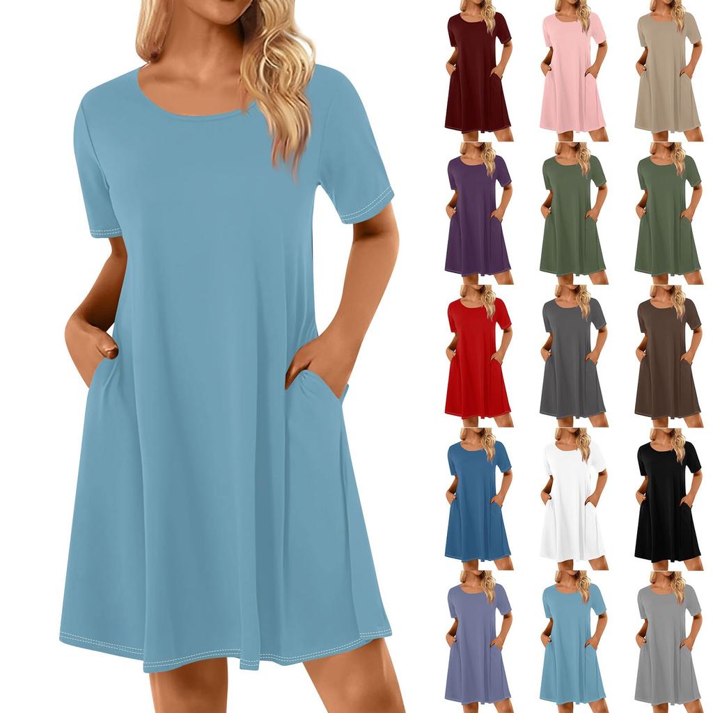 Women's Solid Color Printed Casual Dresses Summer Short Sleeve Round Neck Dresses