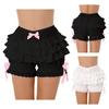 Womens Lace Trim Bloomers Layered Ruffle Design Bowknot Frilly Panties Solid Color Shorts Casual Underwear