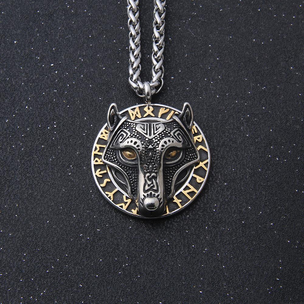 Hot Sale 316L Skull Fire Viking Hugin Munin Runes Fashion Jewelry Pendant Necklace Stainless Steel Wolf Symbol Men Accessories