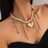 Fashion Imitation Pearl Heart-shaped Fringed Necklace, Exaggerated Big Love Pendant, Metal Chain, Collarbone Chain