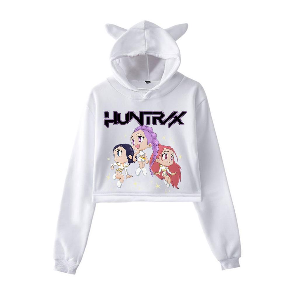 KPop Demon Hunters Cartoon Printed Cat Ear Hoodie Women Long Sleeve Cropped Sweatshirts Female Casual Streetwear Crop Tops