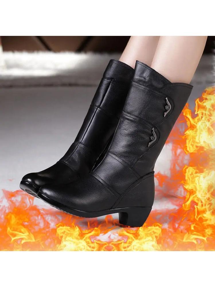 2024 Winter Leather Women Winter Boots Thick Wool Warm Women High-heeled Genuine Boot High-quality Female Snow Boots Women Shoes