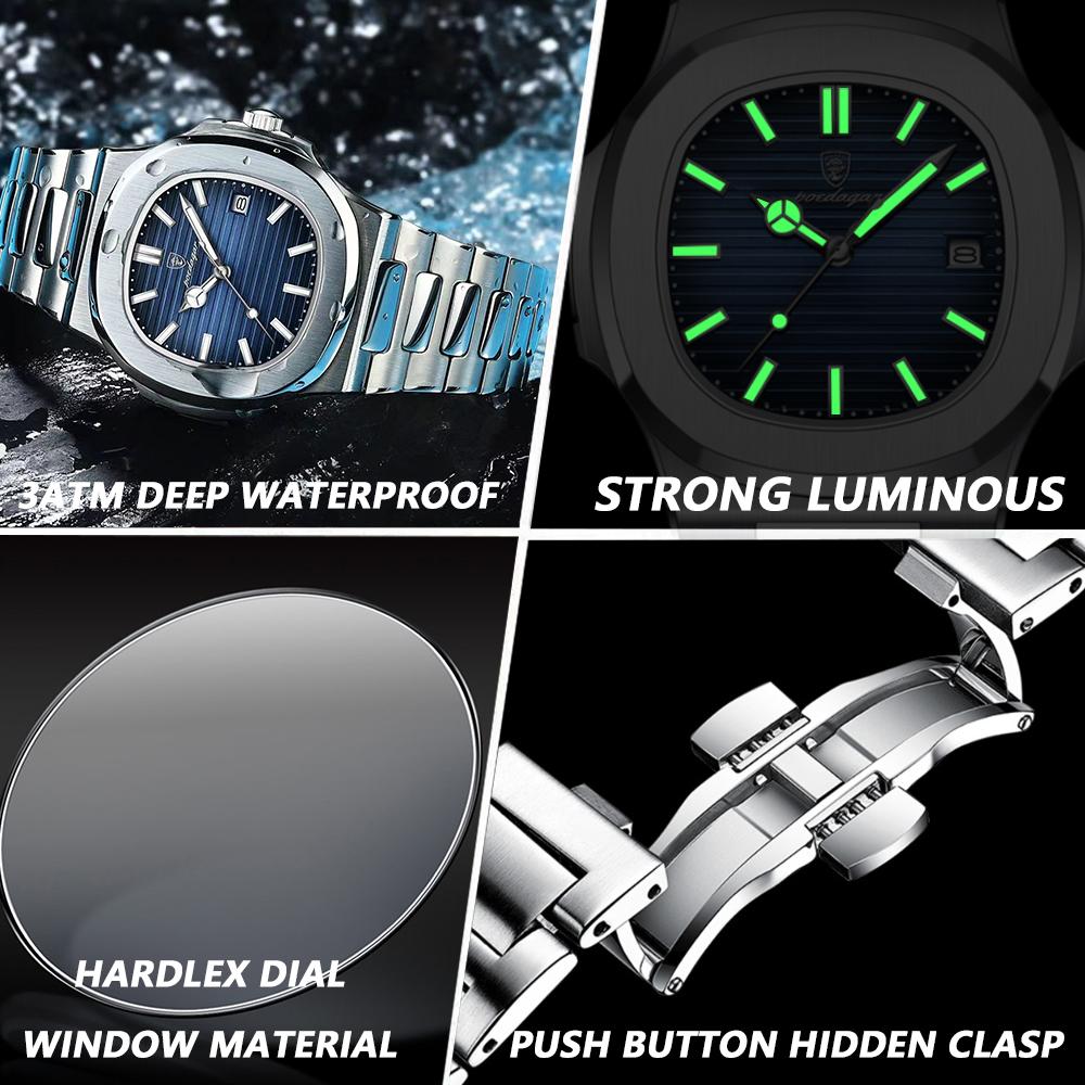 Luxury Casual Watch Top Brand Fashion Square Dial Stainless Steel Calendar Luminous Waterproof Men Watch Male Clock