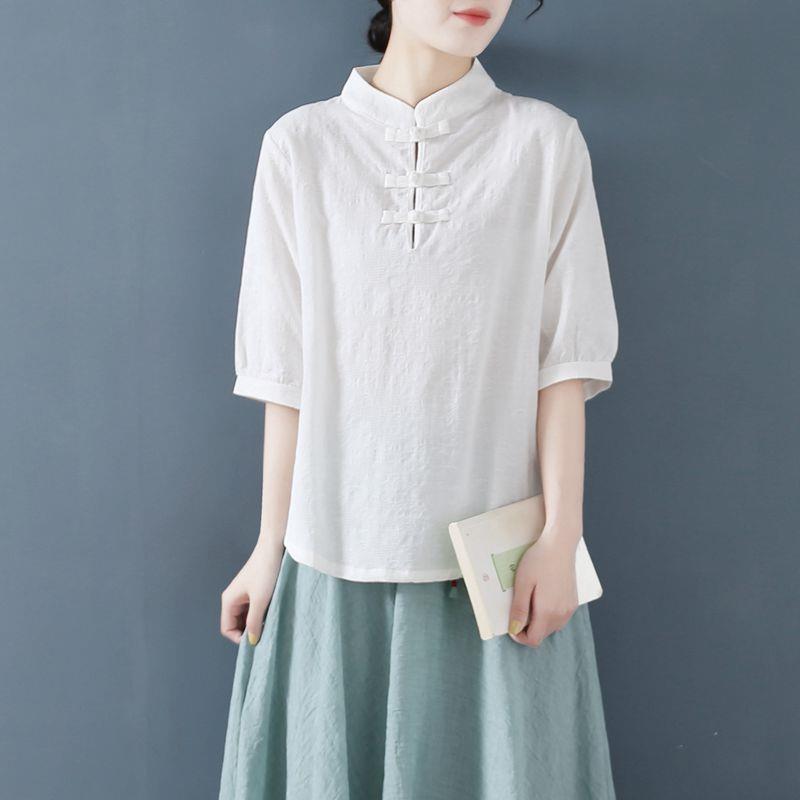 Vintage Literature and Art Plate Button Stand Collar Cotton Linen Jacquard Shirt Women's Summer Wear Versatile Pullover Linen Five Sleeve T-shirt Top