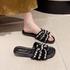 2025 Summer French Pearl Slippers Fairy Fragrance Fashion Flat Bottom Summer New One Word Beach Soft Bottom Tall Girl