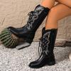 Fashion Women'S Boots Fashionable Versatile Embroidered Mid Calf Boots Solid Color Casual Korean Fashion Western Cowboy Boots Ladies
