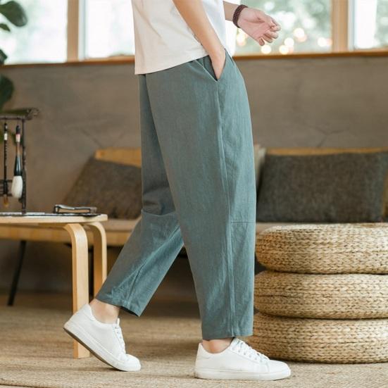 Men Ninth Pants Loose Straight Drawstring Elastic Waist Pockets Plus Size Solid Color Breathable Soft Ankle Length Casual Sweatpants