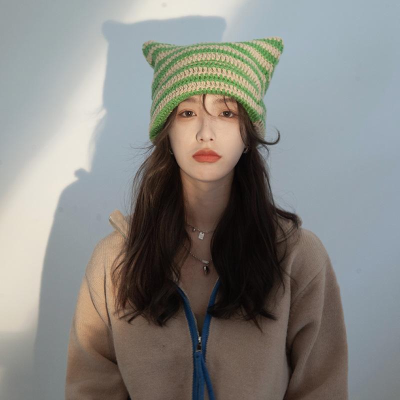 Cute Devil Horn Knitting Striped Beanie Hat Autumn Winter Knitted Wool Caps Girl Cat Ear Pointed Pullover Women Bonnet Hats