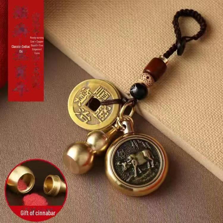 Pixiu Cinnabar Brass Keychain with Zodiac and Five Emperors Coins Pendant
