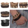 Men's Multi-Layer Bracelet Set with Wooden Beads and Braided Leather