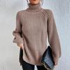 2024 Autumn/Winter Soft Knitwear Fashion Raglan Long Sleeve Turtleneck Split Sweater Casual Warm Solid Mid-length Pullover