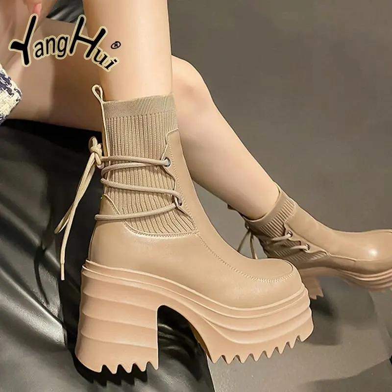 2024 New Ankle Modern Boots Cotton Fabric Lace FashionBlack Chunky High Heel Super High Platform Shoes for Women Spring Autumn